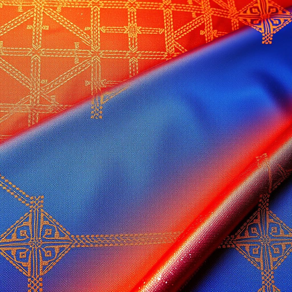 A vibrant canvas of cotton fabric, adorned with intricate geometric patterns. Radiant metallic threads shimmer, weaving through the fabric in a rhythmic running stitch. A mesmerizing gradient color palette transitions smoothly, blending warm oranges and deep blues. The texture invites touch, illumination dancing across the stitches, evoking elegance and modern artistry.