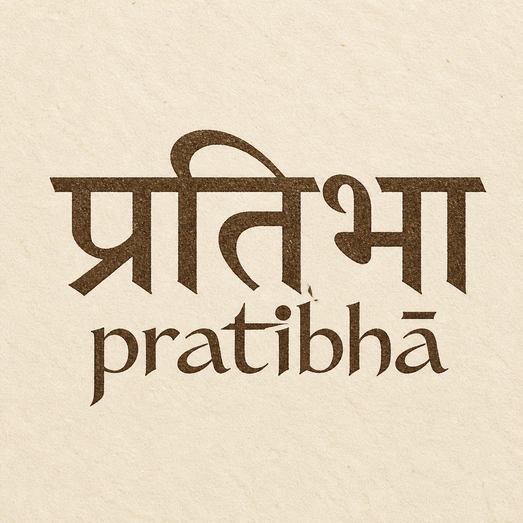 Same bilingual lockup. Do not change the Devanagari.
Top line, locked: प्रतिभा
Exact classical spelling. Continuous unbroken shirorekha.
Do not restyle, redraw, ornament, or Latinize the Devanagari.
It stays the larger, primary line.
Bottom line only — redesign as a custom Latin logotype, not a book font:
pratibhā
Exact letters: p r a t i b h ā
Keep the macron on the final ā.
All lowercase.
The Latin must feel powerful, beautiful, and unique — a drawn wordmark, not Times, Garamond, Didot, or Playfair.
Low-to-medium contrast. Slightly condensed. Tight, even spacing.
Stroke like a sharp quill: firm verticals, finer joins, no hairline fashion serifs.
Custom letter moments (keep them quiet, not decorative):
- the t crossbar is a single sharp horizontal, a little longer than normal, like a flash of insight
- the i-dot is a small solid bindu disc, not a square tittle
- the a is open and wide, oldstyle, not a two-story newspaper a
- b and h share the same arch rhythm, so “bh” reads as one sound
- the ā macron is a short, thick, confident bar, optically centered
Hierarchy: Devanagari is the voice. Latin is the signature under it — smaller, darker, more intense.
Same walnut-ink / letterpress impression on cream rag paper as the current piece.
No gold, no black luxury field, no extra words, no tagline, no yantra, no lotus, no rules, no boxes.