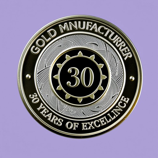 Challenge coin featuring a prominent brand logo at the center, symbolizing gold manufacturing. Elegant round shape, crafted from high-quality metal with a textured finish. Eye-catching silver color accentuates smooth edges. Abstract theme envelops the design, complemented by sans-serif text style stating "30 Years of Excellence." Subtle screen print image embedded within, medium size.