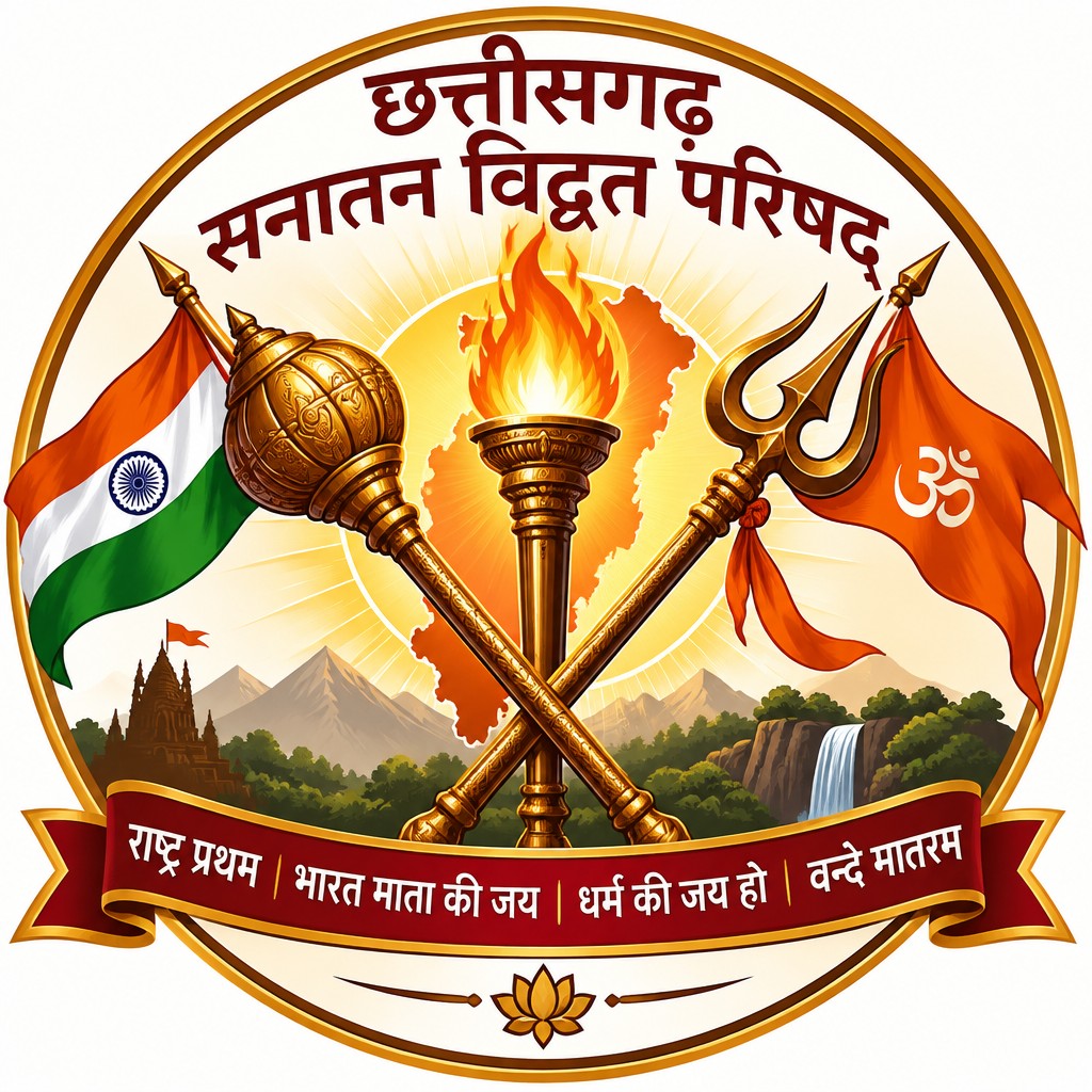 एक लोगो डिज़ाइन करें जिसमे गदा के ऊपर त्रिरंगा झंडा और त्रिशूल में हिन्दू धर्म धव्जा बंधा हो , गदा और त्रिशूल परस्पर एक दूसरे को क्रॉस करके रखा हो और झंडा -धव्ज बहार की तरफ फेर रहा हो
त्रिशूल और गदा के निचे राष्ट्र प्रथम- भारत माता की जय- धर्म की जय हो- वन्दे मातरम लिखा हो त्रिशूल और गदा में मध्य में मशाल का फोटो हो मशाल के ऊपर लिखा हो छत्तीसगढ़ सनातन विद्वत परिषद् Professional hindi logo design, bold colorful graphic, clean modern composition