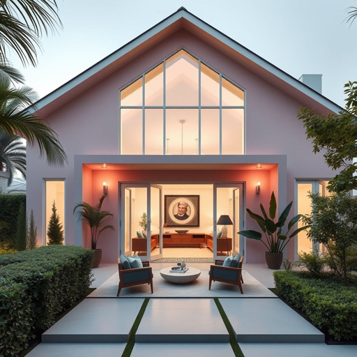 A sleek house showcasing contemporary architecture, pastel pink and mint green exterior. Large transom windows, paired with elegant French doors, create an inviting atmosphere. A minimalist modern landscape surrounds, featuring geometric hedges and vibrant greenery. Inside, a mid-century modern living room radiates with stylish furniture, enhanced by soft LED lighting, sustainable materials.