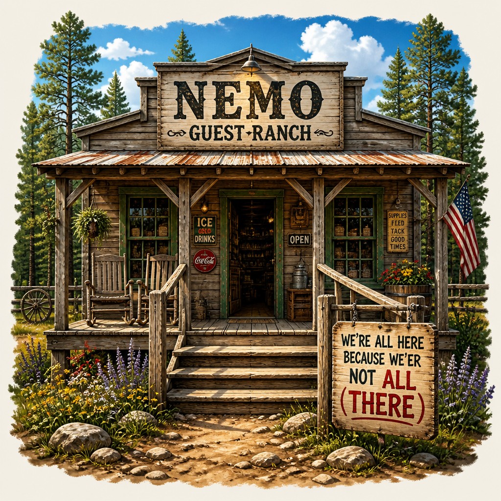 An old country store with a covered porch 2 chairs on the porch 3 steps up to the porch with handrails and a center entrance the name of the store is NEMO GUEST RANCH there’s a sign hanging from the handrail that reads (WE’RE ALL HERE BECAUSE WE’ER NOT ALL THERE) with the emphasis on ALL THERE it’s a nice sunny day in a wooded area it’s for a DTG printing it needs to be 400 DPI or larger and in CMYK colors.