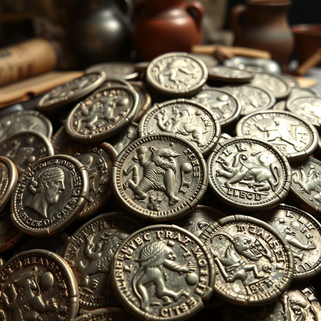 A collection of ancient Roman coins, glimmering softly in diffused light. Each coin, nickel material, showcases intricate engravings of emperors and mythical creatures. Worn surfaces reveal age, with scratches and patina telling stories of time. Background hints at a Roman marketplace, faded scrolls and pottery adding depth and historical ambiance.