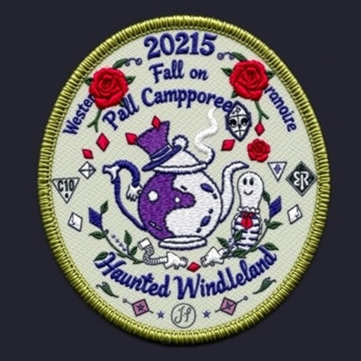An embroidered patch, oval shape, features a mirror-like design framed in a vibrant custom color. At the top, "2025" elegantly embroidered, surrounded by whimsical lettering of "Western Horizon Fall Camporee" and "Haunted Wonderland." The staff patch showcases a chipped teapot pouring steaming tea, flanked by a Mad Hatter hat, a menacing Cheshire cat, and ghostly "soul steam" figures. Red roses drop diamond-shaped petals above the scene, while fragmented mirror pieces adorn the edges, creating an enchanting yet eerie atmosphere. Symbols include C10, JR, and the iconic BSA logo, seamlessly integrated into the patch's design.