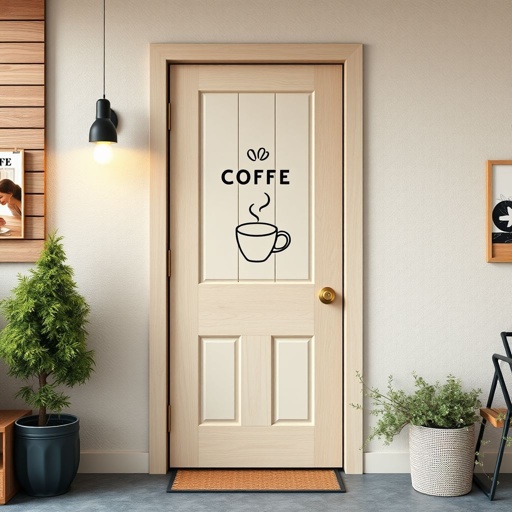 Design a cozy door for a coffee shop, blending Scandinavian minimalism with warm, inviting coffee shop aesthetics. Incorporate natural wood textures, soft pastel colors, and geometric patterns. Add charming elements like a stylized coffee mug, delicate coffee bean motifs, and subtle greenery for a welcoming atmosphere that invites customers inside.