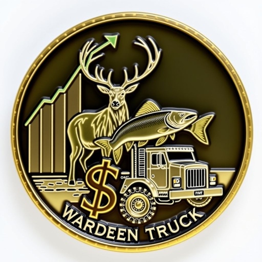 A round challenge coin, intricately designed. An upward trend graph etched on one side, vibrant green lines soaring. An elk, majestic, centered beside a leaping fish, both symbols of strength. A prominent dollar sign, shining gold, at the bottom. A sturdy Warden truck defined, rugged wheels and bold features, completing the composition.