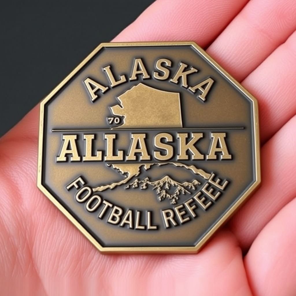 Alaska-themed challenge coin, octagonal design, featuring "ALASKA FOOTBALL REFEREE" in bold text style across the surface. Matte finish enhancing the bronze color, smooth edges inviting touch. Commemorative theme reflecting the spirit of football, medium size fitting perfectly in hand. Intricate detailing evokes images of snowy mountains and rugged landscapes.
