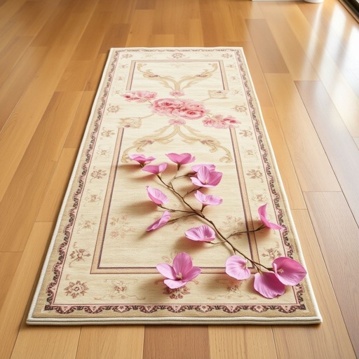 A luxurious runner rug sprawled elegantly across a polished wooden floor. Soft, pastel hues blend seamlessly with intricate traditional patterns. Delicate flowers in vibrant pink leaves bloom gracefully, their silk texture shimmering in the light. The Persian design weaves a tale of culture and artistry, inviting warmth and sophistication into the space.