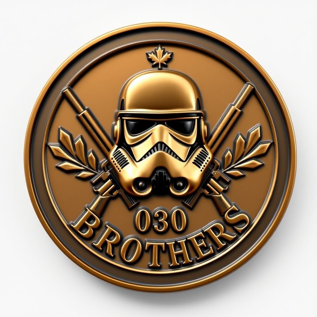 Challenge coin design featuring a round shape, metallic bronze material with a vintage finish. A Storm Trooper mask prominently placed at the center, flanked by crossed FN rifles. Maple leaves gracefully encircle the border. The words "0300 BROTHERS" appear in bold gothic text, presented in striking 3D relief, smooth edges emphasizing craftsmanship.