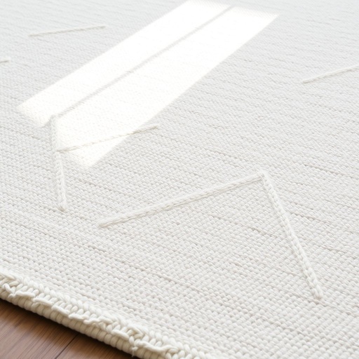 Scandinavian rug, soft texture, white and beige background, geometric design. Clean lines, sharp angles, mountain-like peaks, subtle elegance. Natural fibers, warmth infused, minimalist aesthetic, modern home decor. Light filtering through, gentle shadows dancing on the surface, cozy ambiance. Muted color palette, inviting atmosphere, a perfect blend of comfort and sophistication.