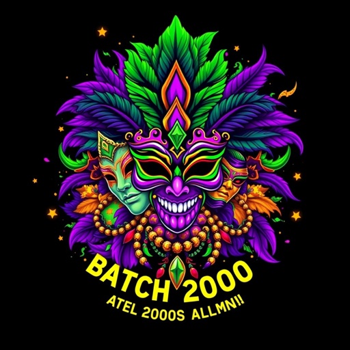 Vibrant T-shirt design featuring a bold logo with intricate masks, feathers, and beads. Neon colors of purple, green, and gold swirl together in a celebratory explosion. Pop art aesthetics elevate the festive ambiance. Elements of fantasy merge with traditional Mardi Gras motifs, symbolizing unity and resilience of Batch 2000 alumni.