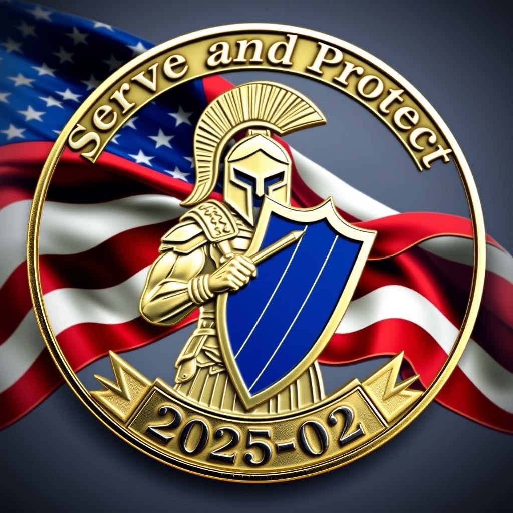 Challenge Coin design featuring a bold, intricate foreground. 2025-02 elegantly curved along the bottom. Background adorned with a flowing American flag, vibrant and dynamic. A steadfast Spartan warrior prominently displayed, gripping a sleek thin blue line shield. The powerful words "Serve and Protect" artistically curved along the top, embodying honor and duty.