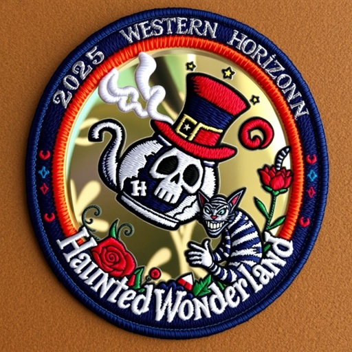 An intricately embroidered patch, oval-shaped, with a glossy mirror-like center framed in vibrant color. Top inscribed “2025” with “Western Horizon Fall Camporee” in whimsical creeps, “Haunted Wonderland” sprawled in eerie font below. C10, JR, and BSA logos subtly integrated.
A chipped teapot pours steaming tea through the patch. Mad Hatter hat adorned with a white card, a black skull accent; Cheshire cat with mischievous grin and piercing gaze lurks nearby. Ethereal “soul steam” wisps swirl upward, while delicate red roses drop diamond-shaped petals. Subtle broken mirror fragments reflect haunting charm.