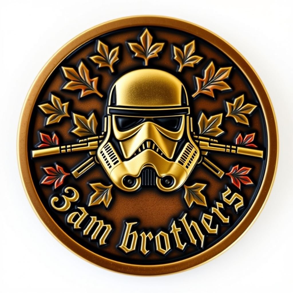 Challenge coin featuring a Storm Trooper mask centered, flanked by cross rifles. Surrounding the edge, vibrant maple leaves create a natural contrast. The inscription “3am brothers” in ornate Gothic text. Round shape, metallic finish, rich bronze hue. Smooth edges highlight the coin’s vintage appeal, embodying a military theme with deep 3D relief.