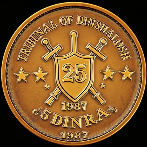 A round challenge coin, metallic allure in bronze, rustic finish illuminating adventure themes. Central shield encased by two elegantly curved swords, five-point stars adorning each side. "Tribunal of Dinshalosh" arches above, while "25 Dinra" sits below. Mint date "1987" crowns the design. Text in gothic style, ridged edges enhancing tactile experience.