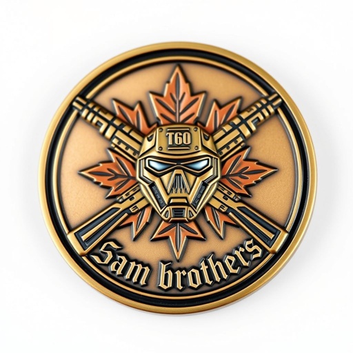 Challenge coin featuring cross rifles, a T60 power armor mask at the center, bordered by vibrant maple leaves. Round shape emphasizes symmetry, crafted from metal with a vintage finish. A warm bronze hue glimmers, smooth edges enhance tactile appeal. Gothic text style engraved prominently: "3am brothers." 3D relief showcases military pride.