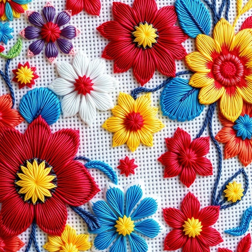 Intricate embroidery design, featuring vivid cross-stitch patterns, adorned with shimmering cotton threads. Contemporary motifs blend seamlessly into a vibrant canvas. Bold primary colors—rich reds, electric blues, sunny yellows—create a lively visual symphony. Geometric shapes and floral elements intermingle, showcasing a dynamic modern aesthetic with intricate detailing in each stitch.