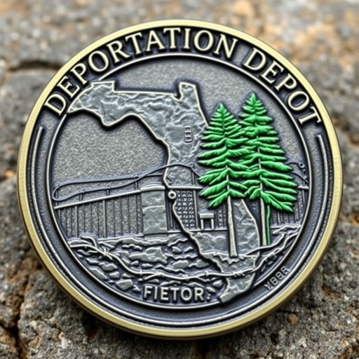 A challenge coin, intricately designed, embossed with the rugged outline of Florida. Surrounding it, a stark prison silhouette, barbed wire framing its perimeter. Towering pine trees flare up nearby, their vibrant green contrasting the gray stone. Above, bold letters proclaim "Deportation Depot," a stark message etched onto the coin's surface.