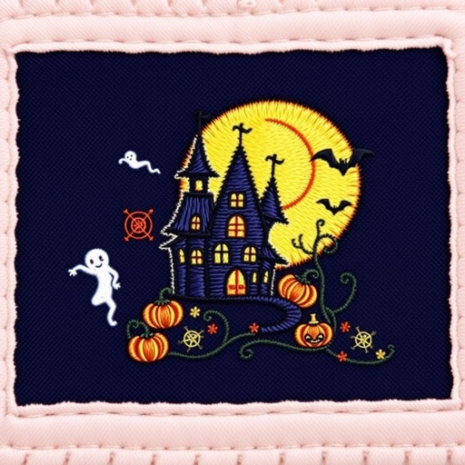 A whimsical embroidered patch featuring a haunted house silhouette under a crescent moon, surrounded by playful ghosts and pumpkins. Adventure-themed elements like compasses and maps intertwined with cobwebs. A heat-cut border in soft pastel hues, adorned with delicate blanket stitching that adds texture and warmth, evoking a cozy Halloween spirit.