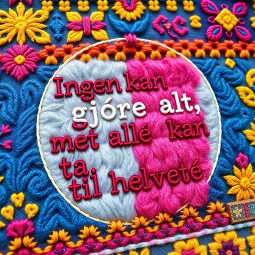 A vibrant tapestry, intricate embroidery showcasing a bold slogan, "Ingen kan gjøre alt, men alle kan dra til helvete." Running stitches weaving through plush wool fabric, vintage patterns accentuated by bright colors. Luxurious wool threads intertwining, creating a visual feast, playful yet profound, capturing the essence of resilience and wit.