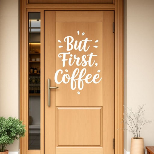 Design a cozy coffee shop door featuring a minimalist Scandinavian aesthetic, using warm wood tones and soft pastel colors. Incorporate artistic lettering of the slogan “But First, Coffee” intertwined with delicate latte art and coffee bean motifs. Add subtle floral illustrations to evoke a welcoming atmosphere that invites patrons in.