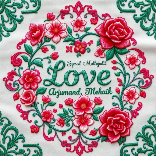 Intricate chain stitch patterns, vibrant jewel tones of emerald, ruby, and sapphire. Flourishing florals and elegant motifs intertwine, celebrating love. Luxurious cotton fabric, soft yet durable. Names "Syed Mujadid Muzamil" and "Arjumand Mehak" artfully integrated, surrounded by delicate blossoms and swirling vines. A timeless piece, capturing unity and artistry.