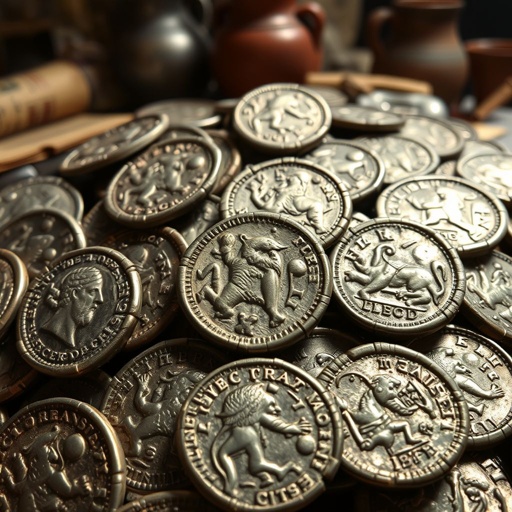 A collection of ancient Roman coins, glimmering softly in diffused light. Each coin, nickel material, showcases intricate engravings of emperors and mythical creatures. Worn surfaces reveal age, with scratches and patina telling stories of time. Background hints at a Roman marketplace, faded scrolls and pottery adding depth and historical ambiance.