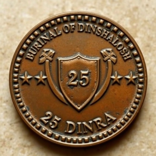 A round challenge coin, bronze color with a rustic finish, showcases a central shield surrounded by two curved swords. Five-point stars grace each side of the shield and swords. The inscription “Tribunal of Dinshalosh” arches atop, while “25 Dinra” curves below. Mint date “1987” resides above. Ridged edges enhance texture.