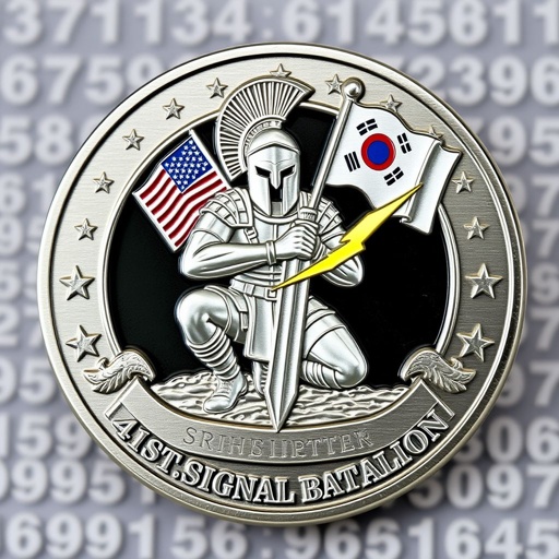 Challenge coin design featuring a Spartan warrior in a kneeling pose, cradling a lightning sword. The backdrop, a faint blur of random four-digit numbers. A banner at the bottom reads "41st Signal Battalion." Two fluttering flags: the American and South Korean. Metal texture, polished silver finish, smooth edges, engraved details, military elegance, italic inscriptions.
