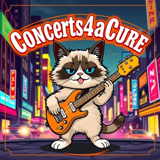 A gleeful, cartoon Maine Coon kitten strutting with an electric guitar, exuding Grumpy Cat vibes. Background showcases a vibrant cityscape, bustling with neon lights. Vintage text announcing “Concerts4aCure” arches above, styled like retro posters. Elegant gold coin design, shimmering edges. Captivating flip animation effect, appealing to crypto enthusiasts, radiating inspiration.