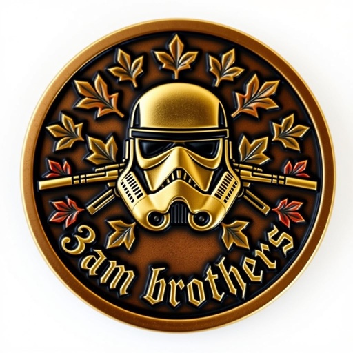 Challenge coin featuring a Storm Trooper mask centered, flanked by cross rifles. Surrounding the edge, vibrant maple leaves create a natural contrast. The inscription “3am brothers” in ornate Gothic text. Round shape, metallic finish, rich bronze hue. Smooth edges highlight the coin’s vintage appeal, embodying a military theme with deep 3D relief.