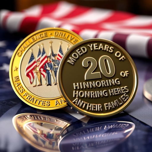 Challenge coins resting on a polished tribute table, round metal gleaming. Frontside showcases honor guards in dignified poses, surrounded by vibrant flags. Beveled edges reflecting light, dual-tone colors of gold and silver intertwining. Bold, embossed text reading “20 YEARS OF HONORING HEROES AND THEIR FAMILIES,” capturing reverence and pride.