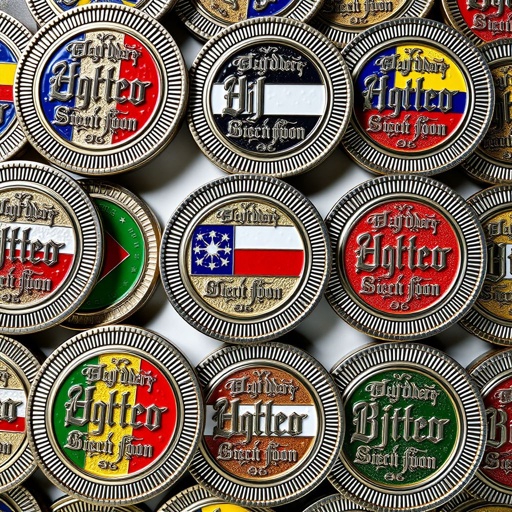 A collection of large, round challenge coins, each crafted from polished metal. Ridged edges encircle vibrant designs, embodying a country theme. Flags of various nations illustrated in rich color schemes, backgrounds adorned with intricate patterns. Gothic text styles prominently display meaningful inscriptions. Gleaming surfaces reflect light, creating a striking visual effect.