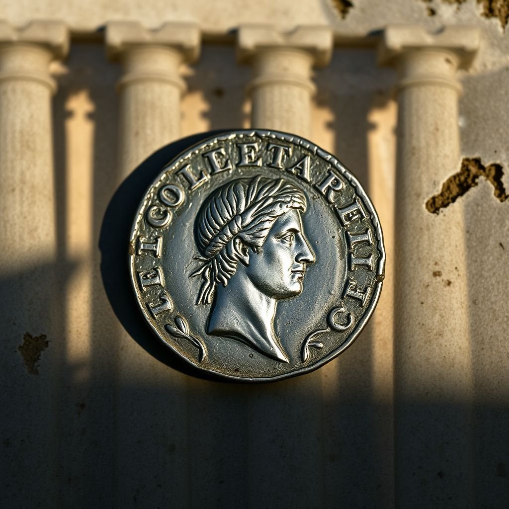 A weathered Roman coin, its surface marked by centuries of wear, glimmers faintly in soft light. The head of an emperor, regal and stern, adorns the center, surrounded by intricate laurel wreath engravings. Nickel alloy shows signs of oxidation. Background features shadows of ancient Roman architecture, evoking a sense of history.