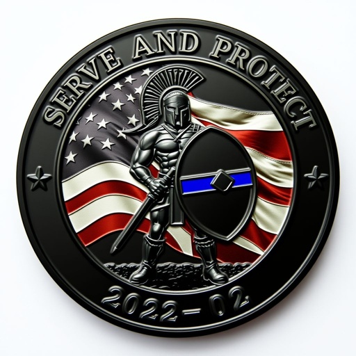 A sleek black challenge coin, displaying “2025-02” embossed at the bottom. An American flag, vibrant and flowing, serves as the backdrop. A fierce Spartan stands resolute, gripping a thin blue line shield. Above, the words “Serve and Protect” arc gracefully, framing the scene in honor and valor, creating a powerful tribute.