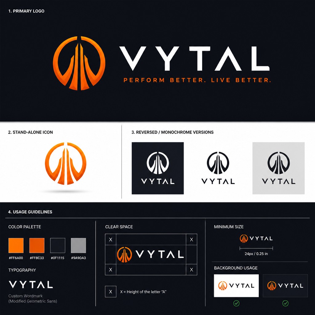 Professional orange accents design, bold colorful graphicNO AI SUBMISSIONS! READ FULL DESCRIPTION;
I need a fresh visual identity for my wellness-and-longevity equipment company, VYTAL. The mark must feel classic and elegant while instantly evoking health, life, and longevity. Products are designed to help people feel better, perform better, and live better. Many of our customers are high performing athletes or people interested in fitness. Logo does not have to include the letter V. It can, but it should be there for a reason, not just forcing a V in a logo. Logo should not have plants or people in it
Key points to guide your creative process
• A distinctive symbol or icon sits at the heart of the design. It should stand confidently on its own and pair seamlessly with the VYTAL wordmark in horizontal and stacked layouts.
• Nothing busy, generic, or playful—think refined simplicity that can age gracefully across print, web, packaging, and physical products. It should be cool, instantly recognizable, and easily descriptive of what the company stands for. The company name is VYTAL with the intentional meaning that our products and services are vital (very important) for your life. Our products are high end, luxury items, so the logo should resonate luxury, quality, and performance.
• Color is flexible: I’m open to your professional palette suggestions provided they reinforce a sense of vitality and trust.
• AI submissions or low effort/reused logos will be ignored or disqualified
Deliverables
1. Primary logo (icon + wordmark) in vector format (AI, SVG, EPS)
2. Stand-alone icon
3. Reversed / monochrome versions
4. Usage guidelines covering colour codes and clear-space rules
Acceptance criteria: The icon remains legible at 24 px, scales up to signage without loss of detail, and reproduces cleanly in one colour., clean modern composition