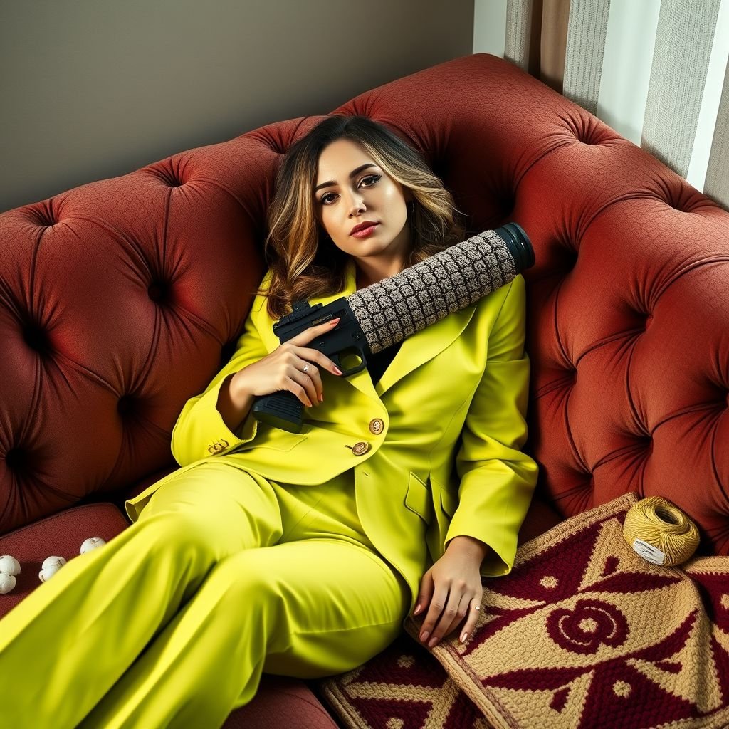 A stylish woman, clad in a tailored lime green business suit, relaxes on a plush couch. Surrounding her, a vibrant array of cotton threads, carefully organized, sparkles under soft lighting. Intricate patterns emerge on felt fabric, geometric shapes forming a striking contrast to her unconventional crocheted weapon, blending femininity and rebellion.