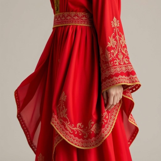 Create an exquisite red dress inspired by ancient civilizations, featuring intricate golden embroidery and detailing along the sleeves and hem. The fabric should evoke a sense of antiquity, with flowing layers and a regal silhouette. Incorporate delicate patterns reminiscent of ancient cultures, merging elegance and history in a timeless fashion piece.