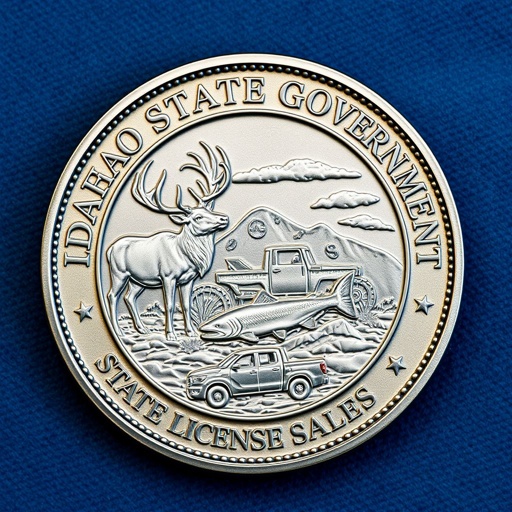 Round challenge coin, detailed engraving of Idaho State Government seal. Center featuring majestic elk and leaping salmon, symbolizing wildlife. Graph lines ascend steeply, gold dollar signs interspersed. Pickup truck illustration at edge, rustic charm. State license sales displayed prominently. Background rich blue, textured, representing Idaho's vast skies and natural beauty.