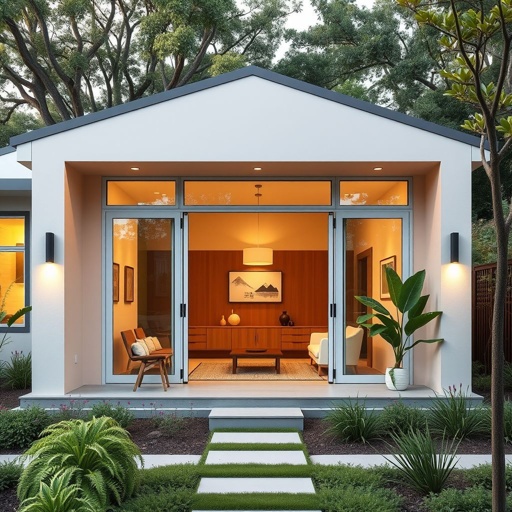 A sleek house showcasing contemporary architecture, nestled in a vibrant garden. Soft pastel exterior hues complement geometric shapes. Elegant transom windows illuminate a spacious living room, adorned with mid-century modern furnishings. Double doors invite warmth, LED lighting accents enhance sustainability, and a modern landscape design with minimalist plants creates tranquility.