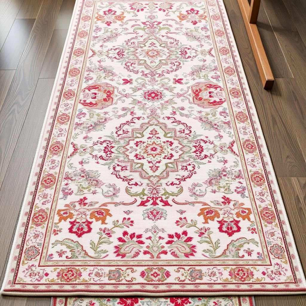 A luxurious Persian rug, richly detailed with intricate traditional patterns, showcases an elegant blend of pastel hues—soft pinks, light blues, and gentle greens. Silk threads shimmer subtly in the light, adding depth to the runner-sized canvas. Each motif weaves a story of culture and artistry, inviting warmth and beauty into any space.