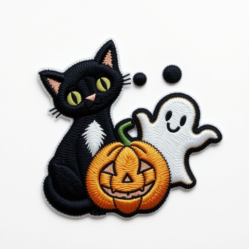 Embroidered patch featuring whimsical Halloween animals, a black cat with glowing eyes, a mischievous pumpkin, and a friendly ghost. Heat cut border styles enhance the design. Metallic color palettes shimmer with gold, silver, and bronze threads. Running stitching techniques add texture, creating a playful, festive atmosphere perfect for the spooky season.