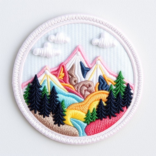 A vibrant embroidered patch featuring whimsical adventure design themes, mountains and forests intertwined. Soft pastel color palettes, a blend of pinks, blues, and yellows. Intricate heat cut border styles outline the patch, showcasing clean, defined edges. Blanket stitching techniques embellish the edges, adding texture and warmth to the overall piece.