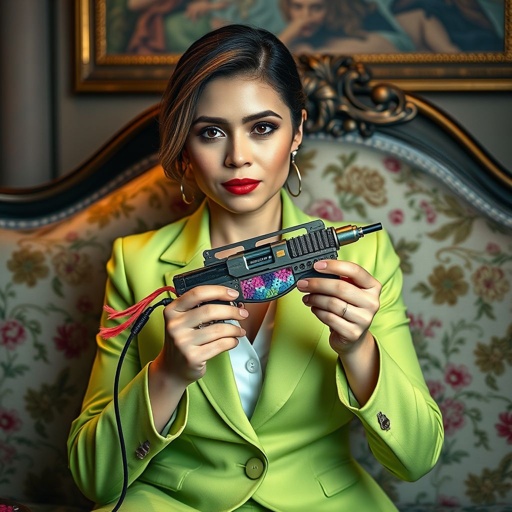 Embroidery scene, a woman in a lime green business suit, serene expression. Luxurious couch adorned with floral patterns. Intricate crochet gun in her hands, vivid cotton threads of rainbow hues. Surroundings filled with spools of thread, artfully arranged. Ambient lighting casts warm shadows, emphasizing the elegance of her craft. Portrait embroidery style.