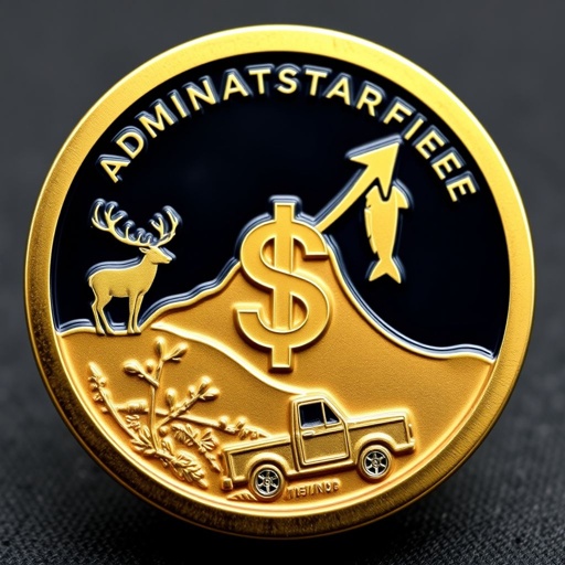 A round challenge coin, intricately designed. The surface features an upward-trending graph, symbolizing growth. Silhouettes of an elk and a fish create dynamic contrast. A prominent dollar sign gleams, representing abundance. Half of a vintage pickup truck peeks from the edge. The insignia of the Administration Bureau encircles the coin.