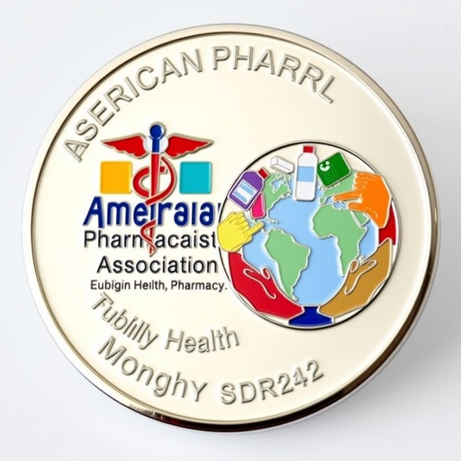 Challenge coin, round shape, polished silver finish. One side, American Pharmacists Association logo, bold, colorful, tagline "Advancing Public Health Through Pharmacy," elegant lettering. Other side, diverse public health symbols: caduceus, stethoscope, pill bottle, globe, interconnected hands, vibrant colors, representing unity and care, intricate details, balanced design, glossy texture, meaningful emblem.