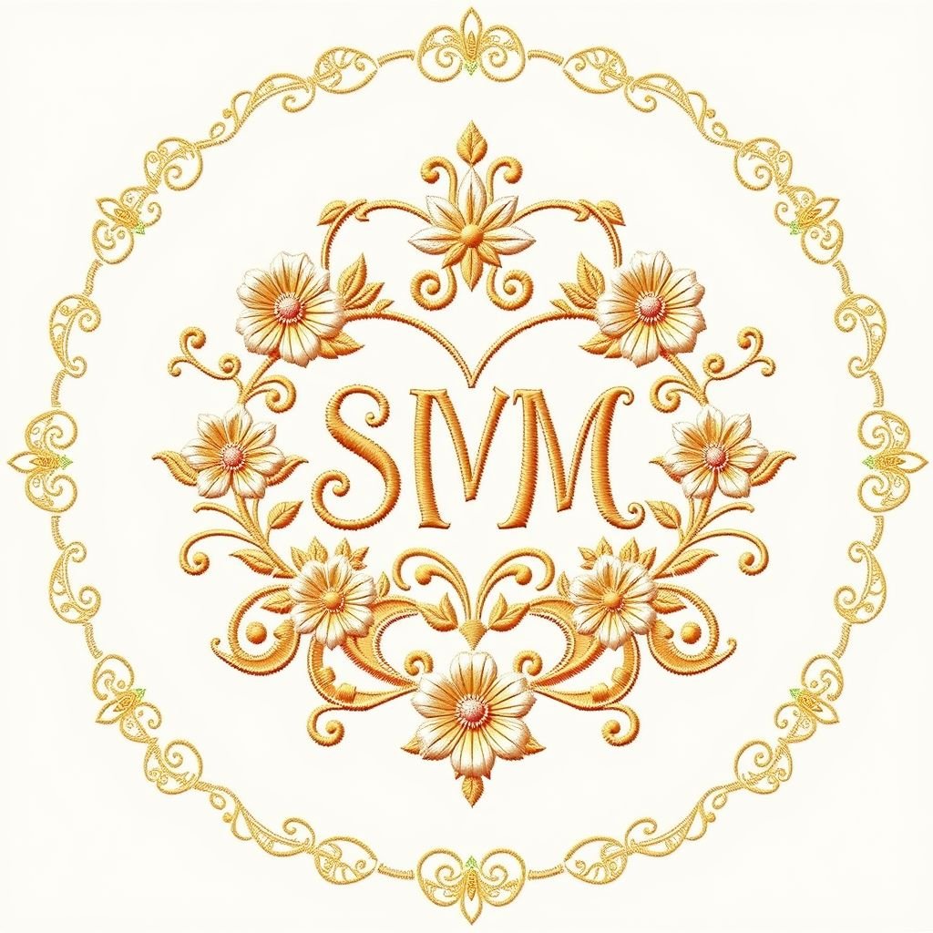 Elegant embroidery design showcasing intertwined initials "SMM" and "AM" in elaborate floral motifs. Soft pastel colors blend with gold threads. Delicate patterns framing a heart shape, symbolizing unity. Traditional paisley elements add cultural richness. Artistic borders feature filigree details, enhancing the charm. Perfectly balanced composition celebrating love and craftsmanship.