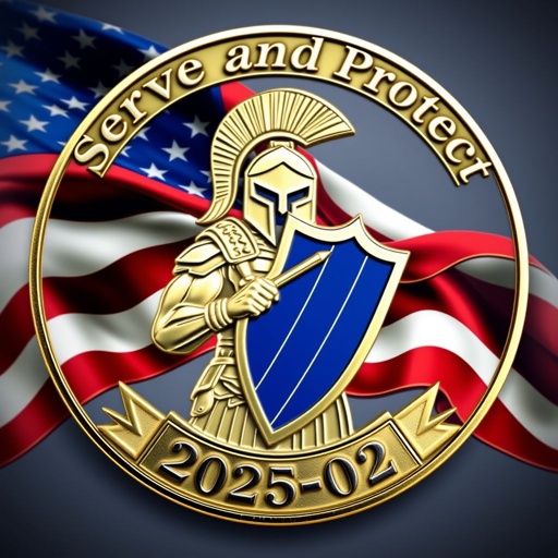 Challenge Coin design featuring a bold, intricate foreground. 2025-02 elegantly curved along the bottom. Background adorned with a flowing American flag, vibrant and dynamic. A steadfast Spartan warrior prominently displayed, gripping a sleek thin blue line shield. The powerful words "Serve and Protect" artistically curved along the top, embodying honor and duty.