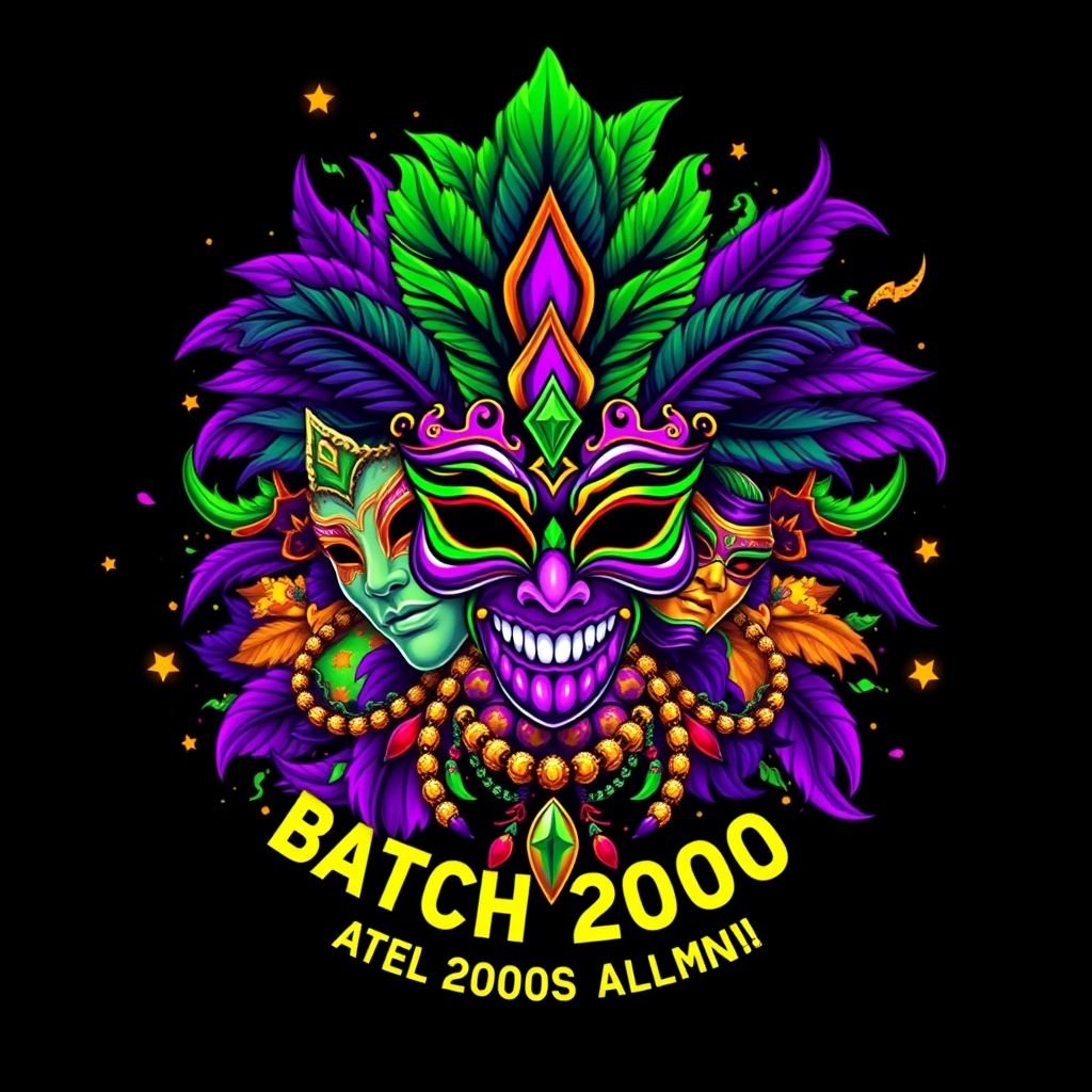 Vibrant T-shirt design featuring a bold logo with intricate masks, feathers, and beads. Neon colors of purple, green, and gold swirl together in a celebratory explosion. Pop art aesthetics elevate the festive ambiance. Elements of fantasy merge with traditional Mardi Gras motifs, symbolizing unity and resilience of Batch 2000 alumni.