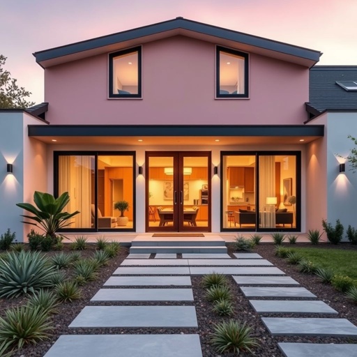 A striking house, contemporary architecture, pastel exterior colors blending harmoniously. Sleek transom windows framing double doors, inviting natural light. A modern landscape, minimalist plants and stone pathways. Inside, mid-century modern interiors showcase elegant furniture, warm wood tones. LED lighting casts a soft glow, emphasizing sustainable features and tranquil living spaces.